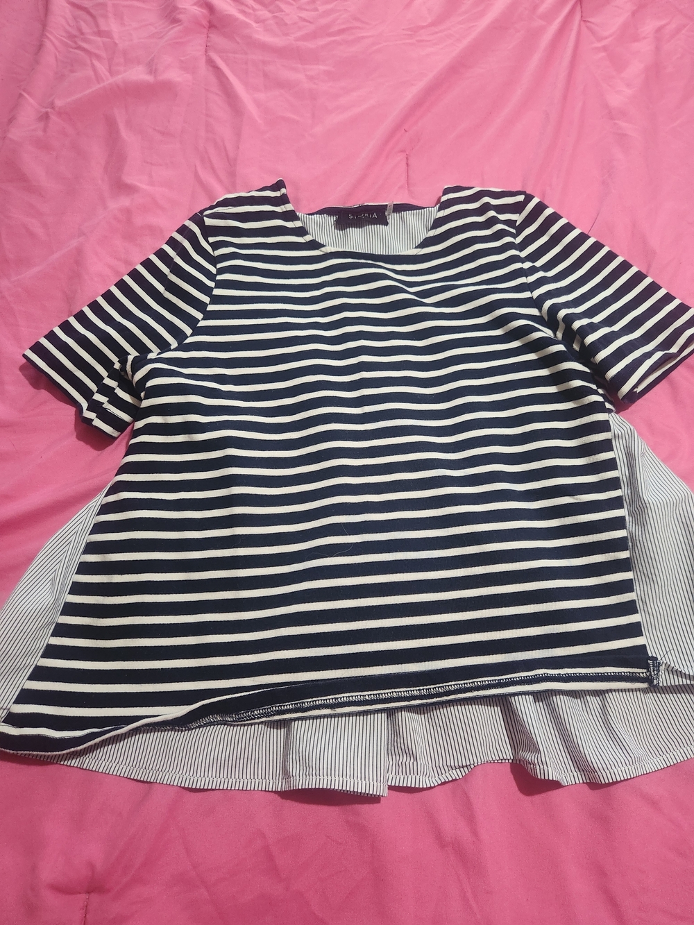Storia Navy and White Striped Short Sleeve Top